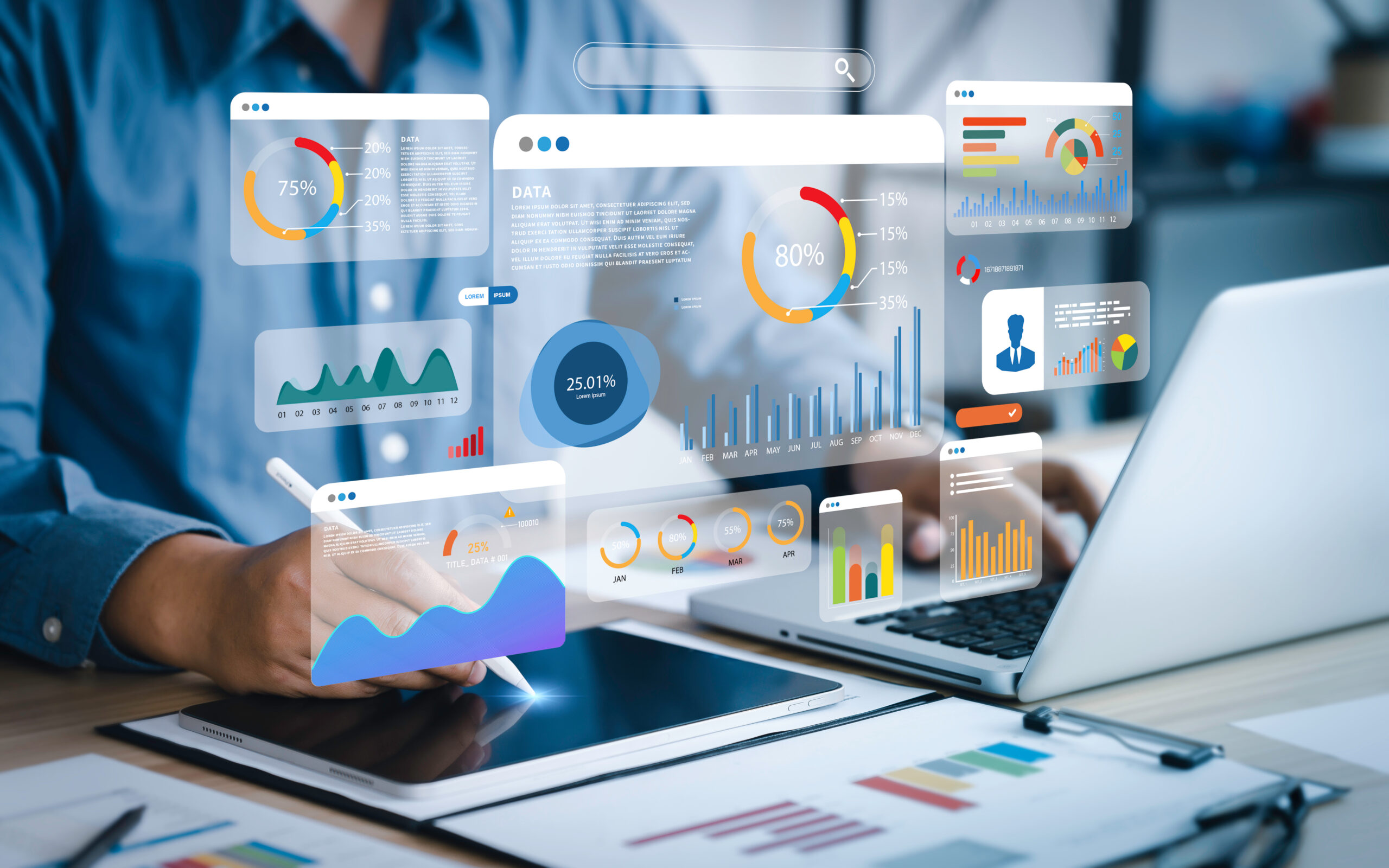 An analyst uses a computer and dashboard for data business analysis and Data Management System with KPI and metrics connected to AI for Finance